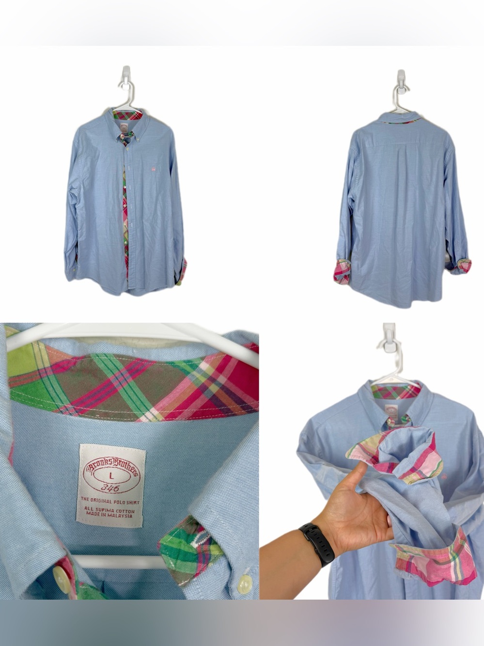•BROOKS BROTHERS• Classic Pima Cotton Preppy Button Up Blue Plaid Accent Size XL